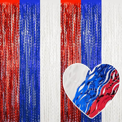 4 Pack White Blue Red Fringe Curtain Backdrop 3.2Ft x 8.2Ft Metallic Tinsel Foil Fringe Streamers Background for Photo Booth Mother's Day, Easter, Carnival, Birthday, Wedding Party Decoration