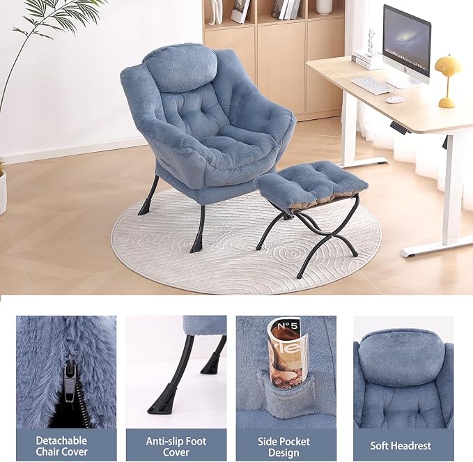 LITA Modern Accent Leisure Upholstered Sofa Chair with Ottoman, Plush Light Blue, 43 x 80 x 95 cm, Cotton, Standard Sofa, Living Room Chair