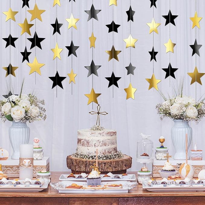 Patelai Glitter Star Garland Banner Christmas Decor 130 Feet Star Hanging Bunting Banner Twinkle Backdrop for Homecoming Classroom Wedding Birthday Halloween Party Supplies(Black, Gold)