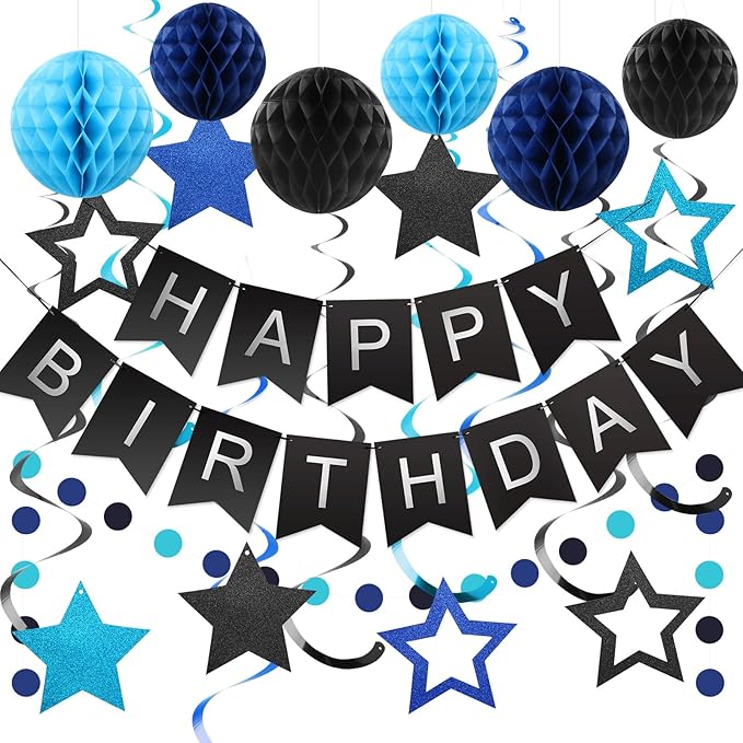 meowtastic Birthday Decorations, Happy Birthday Banner with Honeycomb Ball, Stars Hanging Swirl Streamer, Circle Dots Garland, Happy Birthday Party Decorations for Women Men Boys Girls (Black & Blue)