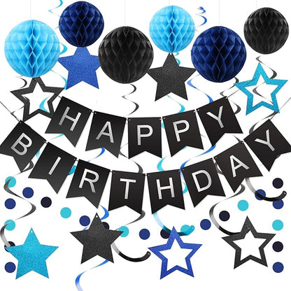meowtastic Birthday Decorations, Happy Birthday Banner with Honeycomb Ball, Stars Hanging Swirl Streamer, Circle Dots Garland, Happy Birthday Party Decorations for Women Men Boys Girls (Black & Blue)