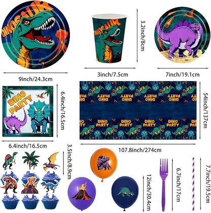 185PCS Dinosaur Birthday Party Decorations, Dinosaur Party Supplies Plates and Napkins Set, Dino Tableware, Banner, Hanging Swirls, Tablecloth, Cake Cupcake Topper, Ballons Cutlery Sets