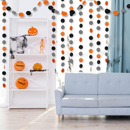 Cheerland Orange Halloween Garland Halloween Party Decorations Polka Dot Circle Streamers Banner Cute Spooky Birthday Party Themed Decor Kids Adult Fall Orange and Black Office Classroom Backdrop 52Ft