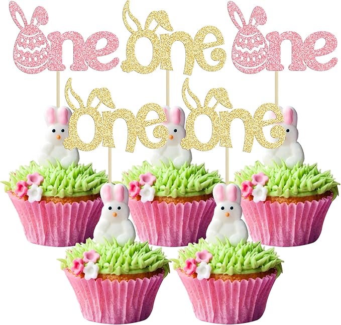 Ephlyn 24Pcs Pink Gold Glitter Cupcake Toppers - Happy Easter & Birthday Cake Decorations for Spring Parties
