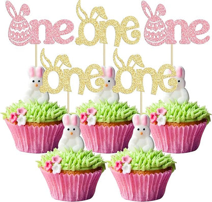 Ephlyn 24Pcs Pink Gold Glitter Cupcake Toppers - Happy Easter & Birthday Cake Decorations for Spring Parties