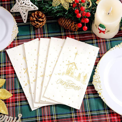 50 Pack Christmas Nativity Paper Napkins Scene - The Birth of Jesus Scene Dinner Napkins - Disposable White Gold Paper Napkin Hand Towels for Dinner Holiday Xmas Party Christmas Eve Decor