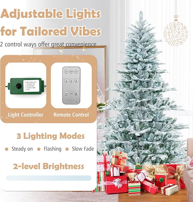 GOFLAME 7FT Pre-Lit Christmas Tree Snow Flocked, Hinged Artificial Xmas Tree with 1119 Branch Tips, 620 Cold White LED Lights, 3 Lighting Modes, Timer, Remote, Holiday Decoration Tree for Home Party