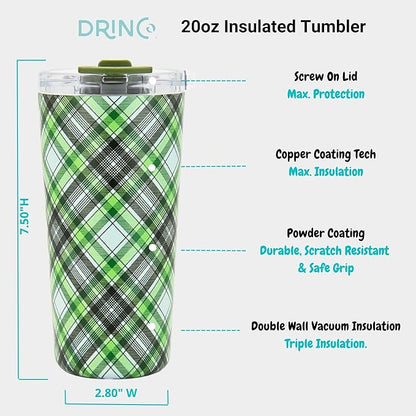 Drinco - 20 oz Stainless Steel Tumbler | Double Walled Vacuum Insulated Mug With Lid, 2 Straws, For Hot & Cold Drinks (20oz Ireland Plaid)