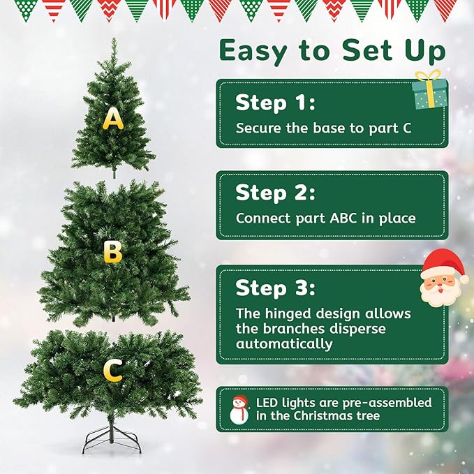 GOLFAME 6FT Pre-Lit Artificial Christmas Tree, Decorative Hinged Xmas Tree with 560 LED Lights, 821 Branch Tips, Upgraded Metal Stand, Christmas Holiday Tree for Home Office Party