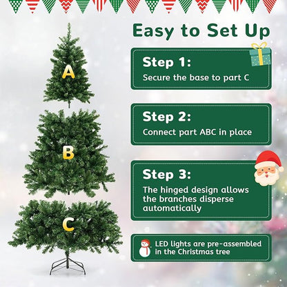 GOLFAME 6FT Pre-Lit Artificial Christmas Tree, Decorative Hinged Xmas Tree with 560 LED Lights, 821 Branch Tips, Upgraded Metal Stand, Christmas Holiday Tree for Home Office Party