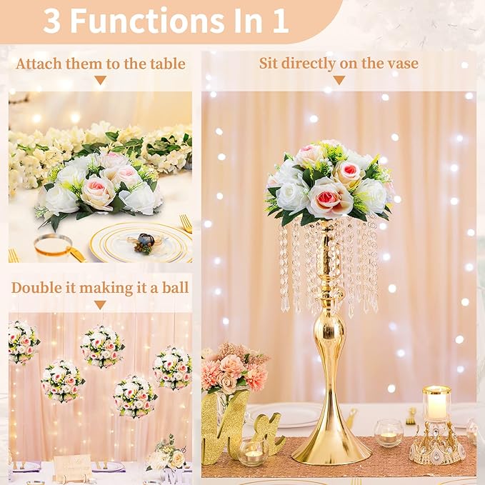 Pcs of 6 Fake Flower Ball Arrangement Bouquet,15 Heads Plastic Roses with Base, Suitable for Our Store's Wedding Centerpiece Flower Rack for Parties Valentine's Day Home Décor (Pink Champagne & White)