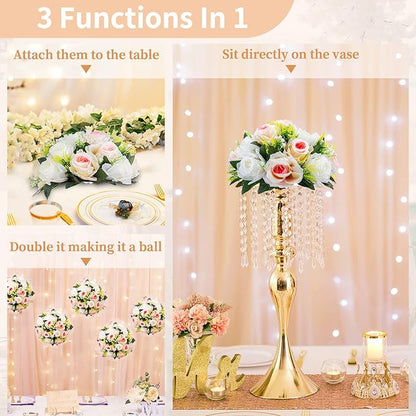 Pcs of 6 Fake Flower Ball Arrangement Bouquet,15 Heads Plastic Roses with Base, Suitable for Our Store's Wedding Centerpiece Flower Rack for Parties Valentine's Day Home Décor (Pink Champagne & White)