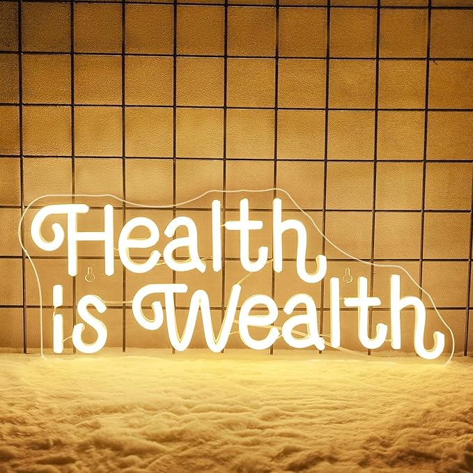 NOSUN Health is Wealth Neon Sign Healths Neon Signs for Wall Decor Warm White Letter Sign with USB Neon Word Sign for Bedroom Office Party Club Light Up Signs Wealth Neon Decoration LED Light