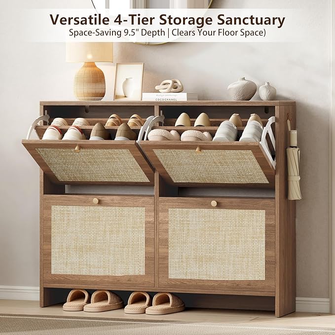 Nicetree Shoe Cabinet Storage for Entryway, 4-Flip Drawer Narrow Shoe Rack, Organic Modern Rattan Shoe Organizer with Gold Legs, Shoe Organizer Fits Men's Size 13.5, Toasted Caramel Walnut