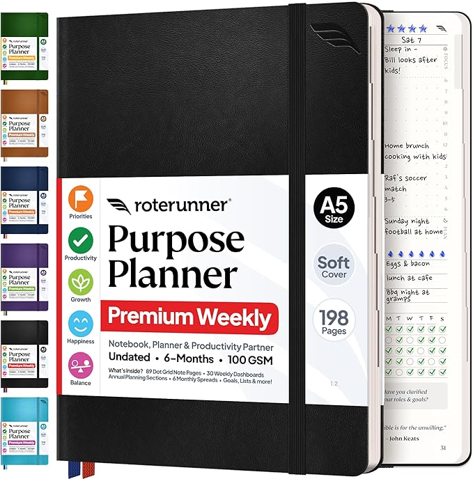 Roterunner Purpose Planner Notebook A5 5.8”x8.3” Undated 2026 Daily Weekly and Monthly Productivity Goal Setting Tool for Work Home ADHD Planner for Adults Self Care Journal (Black Softcover)