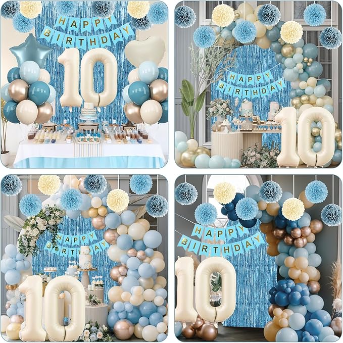 Dusty Blue 10th Birthday Party Decorations Boys Girls Beige Cream Number 10 Balloon with Blue Gold Happy Birthday Banner Fringe Curtain Paper Pom Poms Nude White Sand Champagne Star Foil Balloons