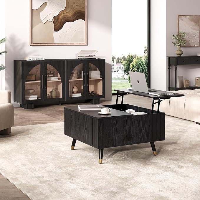 32" Square Lift Top Coffee Table with Storage, Modern Black Center Table for Living Room, Minimalist Wood Cocktail Table with Rising Desktop, Home Office