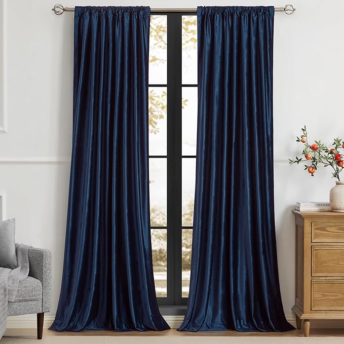 PRIMROSE Navy Blue Velvet Curtains 108 inch Long for Living Room,Set of 2 Panels Blackout Rod Pocket Back Tab Window Treatment Room Darkening Heavy Decorative Curtains Drapes for Bedroom