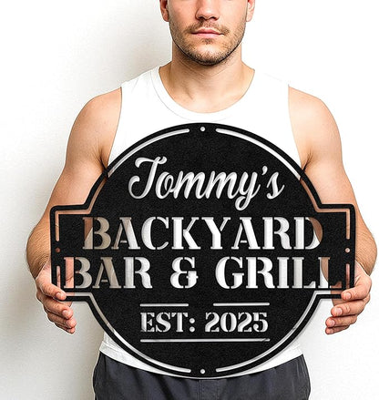 Rustic Grill Metal Sign, Custom Name BBQ Cut Wall Art for Outdoor Patio, Personalized Backyard Cooking Area Decor