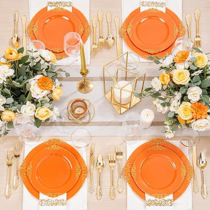Nervure 175PCS Orange Plastic Plates - Orange and Gold Disposable Plates for 25 Guests Include 50Plates, 25Cups, 25Forks, 25Knives, 25Spoons, 25Napkins for Wedding & Party