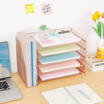 OPNICE 5-Tier Paper Organizer with Magazine Holder, Desk Organizers and Accessories, Office Desk Accessories & Workspace Organizers, Desktop File Organizer for Office Supplies Storage, Rose Gold