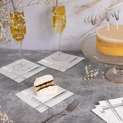 Silver on White Cocktail Napkins - 100 Pack, 5" x 5", 3-Ply Paper - Style Name: Blissful Crossing