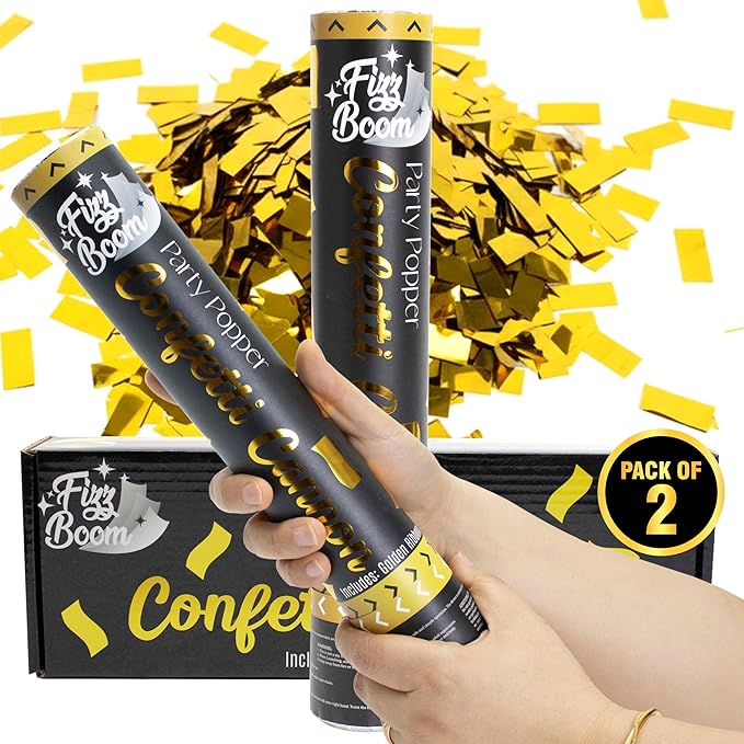 2 Pack 12 Inch Golden Mylar Confetti Poppers Set for Anniversary, Wedding, Graduation, New Year, Birthday Party Celebrations | Releases 15 ft in the Air