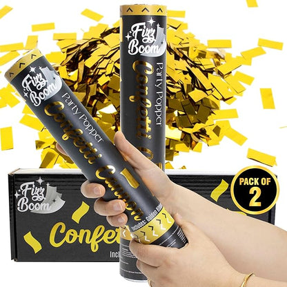 2 Pack 12 Inch Golden Mylar Confetti Poppers Set for Anniversary, Wedding, Graduation, New Year, Birthday Party Celebrations | Releases 15 ft in the Air