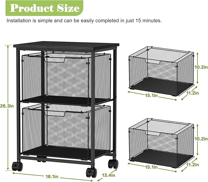 Letter/Legal Rolling File Cart with 2 Storage Drawers, Under Desk Storage, Vertical Filing Cabinet for Home Office, Hanging File Folders Organizer, Mobile Utility Cart Printer Stand, Black