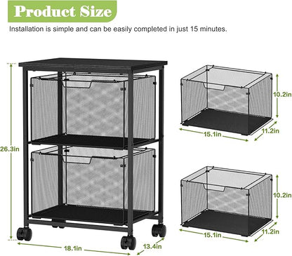 Letter/Legal Rolling File Cart with 2 Storage Drawers, Under Desk Storage, Vertical Filing Cabinet for Home Office, Hanging File Folders Organizer, Mobile Utility Cart Printer Stand, Black