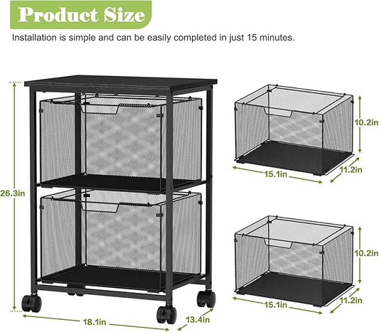 Letter/Legal Rolling File Cart with 2 Storage Drawers, Under Desk Storage, Vertical Filing Cabinet for Home Office, Hanging File Folders Organizer, Mobile Utility Cart Printer Stand, Black