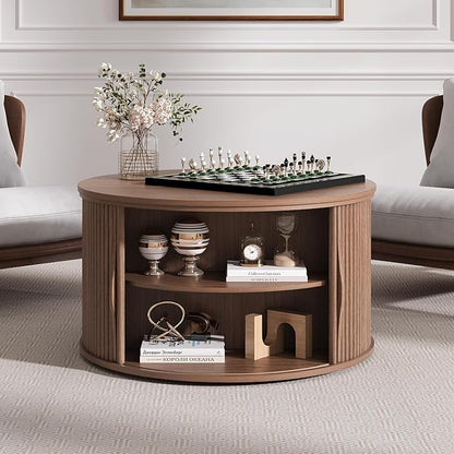 31.5" Round Lift Top Coffee Table, Mid Century Modern Walnut Center Table with Hidden Storage, Fluted Drum Wood Design for Small Living Room & Apartment