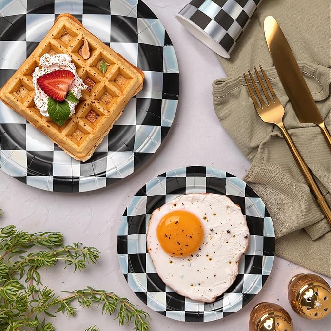 96pcs Disposable Checkerboard Pattern Tableware Set Black and White Kids Birthday Party Paper Plates Round for 24 Guests Table Supplies Picnic Tea Party (Include Plates, Cups and Napkins)