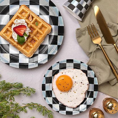96pcs Disposable Checkerboard Pattern Tableware Set Black and White Kids Birthday Party Paper Plates Round for 24 Guests Table Supplies Picnic Tea Party (Include Plates, Cups and Napkins)