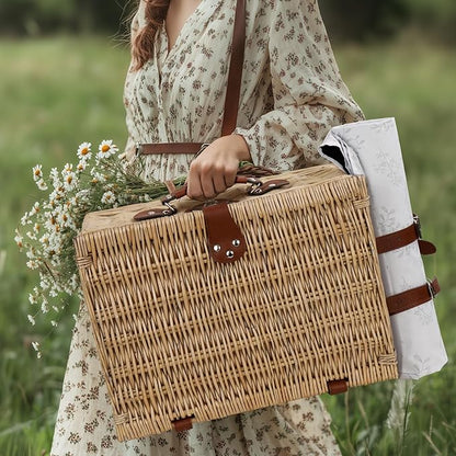 Picnic Basket for 2, Bridal Shower Gift Wedding Gifts with Mr Mrs Wine Glasses and Greeting Card, Engagement Newly Weeding Gifts for Couples 2025, Wicker Picnic Set Kit with Blanket Cooler for Beach