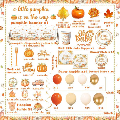 Fall Little Pumpkin Baby Shower Decorations,Fall Plates and Napkins Party Supplies with Pumpkin Plates,Napkins,Banner,Balloons,Cutlery,Yellow Tablecloth for 24 Guests Thanksgiving Festival