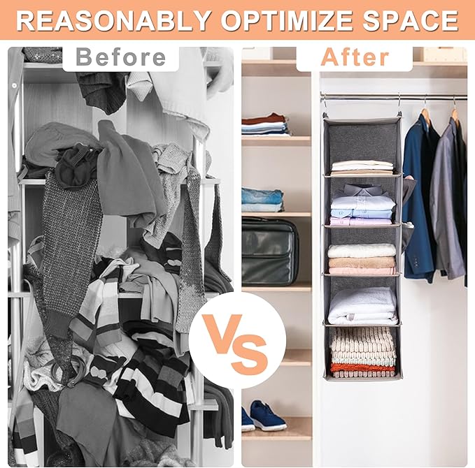 BOOMIBOO Hanging Closet Organize and Shelves，5-Hanging Shelf with 2 Side Pockets，Storage Foldable （Grey）