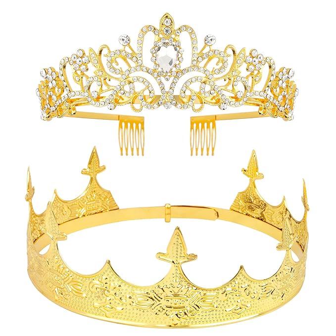 VELSCRUN 2 Pcs Crown for Men Women, Crowns for Men Metal, Gold King Queen Crown Tiaras for Women, Prince Crown Princess Tiaras for Girls, Birthday Prom Wedding Halloween Party Hair Accessories