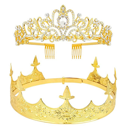 VELSCRUN 2 Pcs Crown for Men Women, Crowns for Men Metal, Gold King Queen Crown Tiaras for Women, Prince Crown Princess Tiaras for Girls, Birthday Prom Wedding Halloween Party Hair Accessories