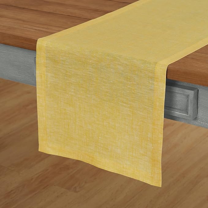 Solino Home Linen Table Runner 108 Inches Long - Athena, 100% Pure Linen Chambray Lemon Yellow 14 x 108 Inch Table Runner