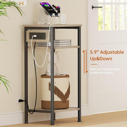 Tall End Table with Charging Station, 3 Tier Narrow Beside Table with Adjustable Shelf, Tall Side Table Nightstand for Bedroom, Living Room Coffe Table, Office, Greige