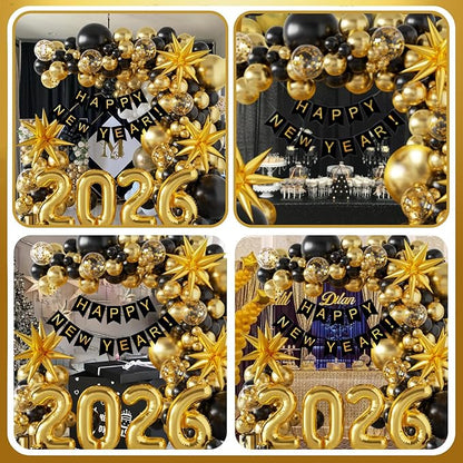 140Pcs New Year Decorations 2026 Balloons Arch - Party Supplies 2026 with Black & Gold 2026 Balloons, Happy New Year Banner - Perfect for Eve Celebrations