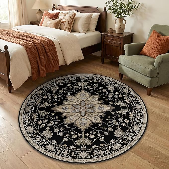 Area Rugs 4ft Washable Non-Slip, Floral Vintage Distress Print Pattern Medallion Carpet for Living Room Bedroom Dining Room, Black Brown Neutral Dark Tan