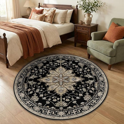 Area Rugs 4ft Washable Non-Slip, Floral Vintage Distress Print Pattern Medallion Carpet for Living Room Bedroom Dining Room, Black Brown Neutral Dark Tan