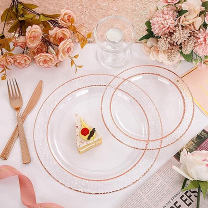 Liacere 350PCS Rose Gold Plastic Plates-Clear Rose Disposable Plates 50 Guests include 50 Dinner Plates,50 Salad Plates,50 Forks,50 Knives,50 Spoons,50 Cups,50 Napkins for Wedding&Party&Mother's Day