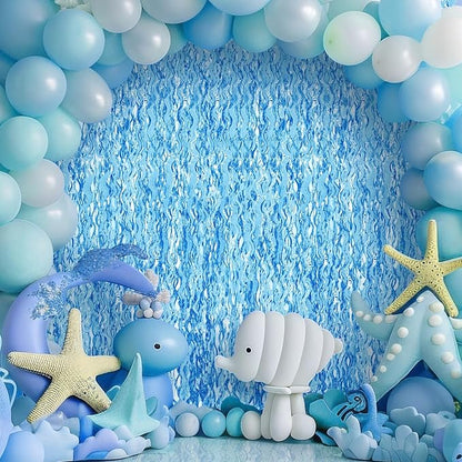 2 Pack 3.2x6.5 Feet Wavy Blue Backdrop Curtain Tinsel Streamers Foil Fringe Backdrop Ocean Themed Decor Baby Shower Bachelorette Disco Winter Under The Sea Summer Pool Beach Party Decorations