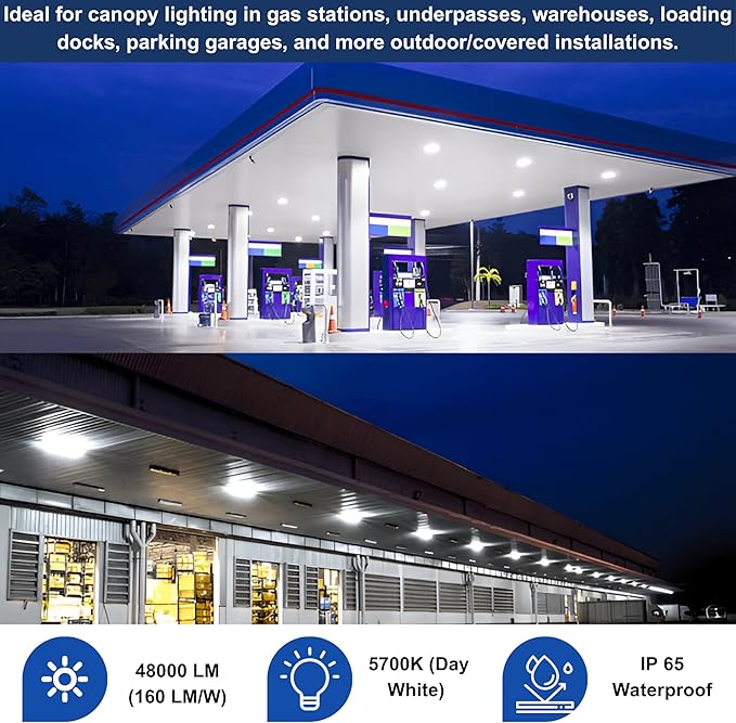 300W LED Canopy Light, Waterproof Parking Lot Lights for Outdoor, Warehouse, Gas Station, Carport, Auto Shop - 5700K Daylight, 48000LM, 100-277V