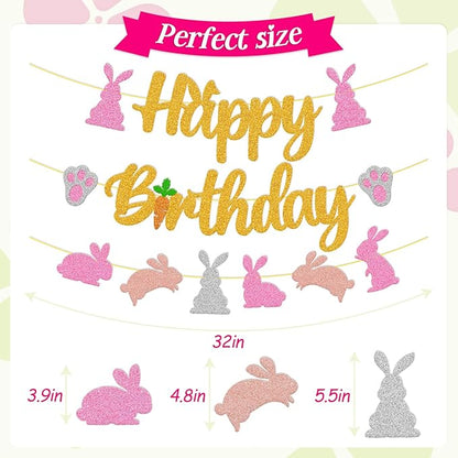 Bunny Birthday Banner Rabbit Bday Party Decorations Bunny Paw Ears Carrot Easter's Day Theme for Kids Boy Girl Baby Shower Party Supplies (Gold)