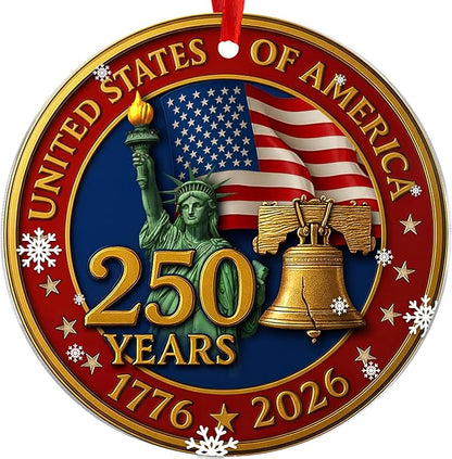 United States 250th Anniversary Ornament, 2D Acrylic 250th Anniversary USA Christmas Tree Ornament, 250 Patriotic American Christmas Ornaments, Gift for US Citizens, Patriotic Collectors (USA Pedal)