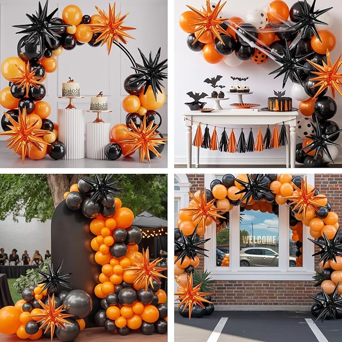 Black Orange Star Balloons,9Pcs 22Inch Black Orange Explosion Spike Cone Helium Polyester Film Star Foil Balloons for Birthday Halloween Graduation Baby Shower Party Decorations